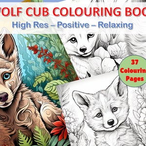 Baby Wolf grayscale coloring pages for adults and kids, Dark/Light, PDF instant download, Mindful, Relaxing, Positive, Fun