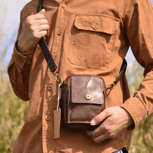 Vintage Vertical Crossbody Bag For Men, Genuine Leather Shoulder Bag For Men, Personalized Gift For Him