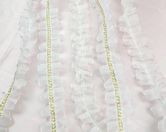 White Ruffled Lace Trim, Gold Wire Circle Embellished Lace Trim, Lace Trim Doll Dress DIY Clothes Accessories Sewing Trimming Clothing