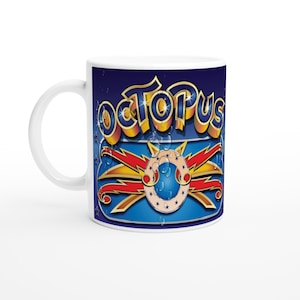May include: White ceramic mug with the word "OCTOPUS" in a 3D, colourful design. The mug features a blue background with water droplets and a circular emblem with stars and red and yellow accents.