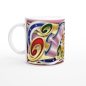 May include: White ceramic mug with a vibrant design in gold, red, green, and blue. The design features swirling shapes and the text "Good Vibes Only". The mug has a white handle and is suitable for hot beverages.