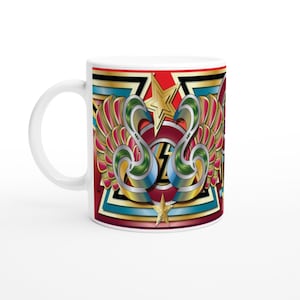 May include: White ceramic mug with a vibrant design. It features two stylized swan-like figures, gold stars, and a red, blue, and gold geometric background. The mug has a white handle and a glossy finish.