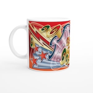 May include: White ceramic mug with a vibrant design. The design incorporates red, gold, blue, and silver elements, including stars, swirls, and lightning bolts. The mug has a white handle and a red gradient background.