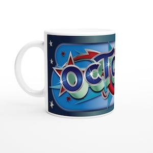 May include: White ceramic mug featuring the word "October" in a retro comic book style. The design includes a blue background with stars and a red and silver lightning bolt. A seasonal coffee mug.