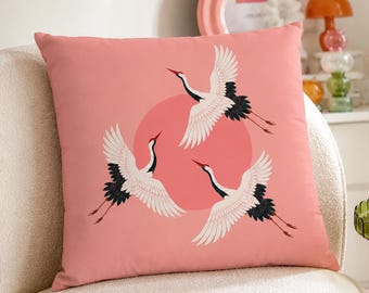 Pink Crane Cushion Cover, Whimsical Graphic Throw Pillow, Japandi Eclectic Home Decor, Colourful Dopamine Decor