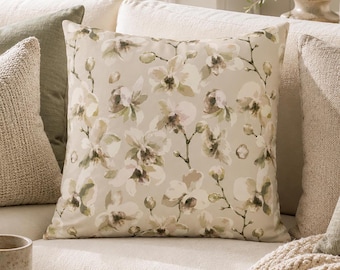 Floral Orchid Cushion Cover, Neutral Botanical Throw Pillow, Sage Green & Cream, Country Farmhouse Pillowcase