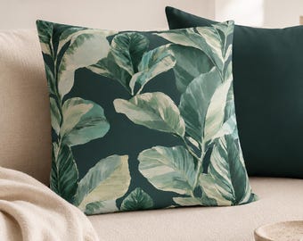 Tropical Leaf Cushion Cover, Green & Teal Botanical Throw Pillow, Modern Nature Home Decor