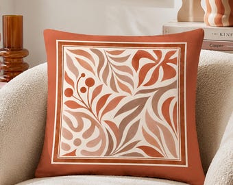 Terracotta Botanical Cushion Cover, Burnt Orange Throw Pillow, Modern Floral Leaf Print Cushion, Boho Earthy Home Decor
