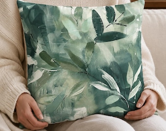 Abstract Botanical Leaf Cushion Cover, Sage Green & Teal Throw Pillow, Natural Cottagecore Decor