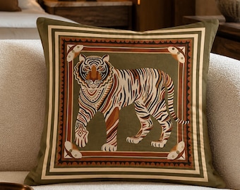 Tiger Cushion Cover, Olive Green Pillow Case, Maximalist Animal Print Cushion, Vintage Tiger Decor, Decorative Boho Whimsigoth Cushion