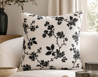 Black & Ivory Chinoiserie Cushion Cover, Vintage Floral Throw Pillow, Cottagecore Country Decor