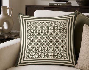 Olive Green Geometric Cushion Cover, Eclectic Striped Border Throw Pillow, Modern Luxury Dark Academia Decor