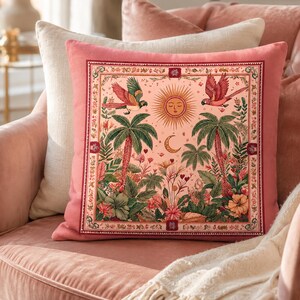 Boho Botanical Pink Cushion Cover | Vintage Celestial Tropical Throw Pillowcase | Maximalist Dopamine Home Decor