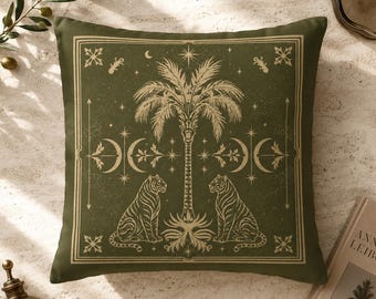 Tiger Cushion Cover, Celestial Olive Green Throw Pillow, Botanical Palm Tree Cushion, Dark Academia Gothic Decor