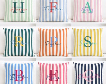 Personalised Name Cushion Cover, Custom Monogram Stripe Pillowcase, Kids Nursery & Bedroom Dopamine Decor