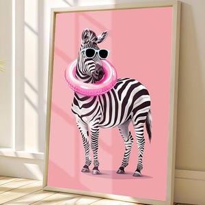Coole zebrakunst aan de muur, tropisch strand grappige dierenprint, grillig dopamine-decor (digitale download)