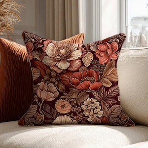 Vintage bloemen rustieke kussenhoes | Bourgondische roest ambachtelijke kussensloop | Boho maximalistisch eclectisch dopamine-decor