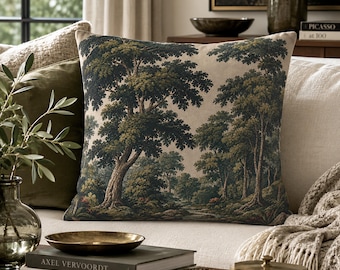Forest Landscape Cushion Cover, Vintage Woodland Pillowcase, Heritage Country Pillow, Cottagecore Dark Academia Decor