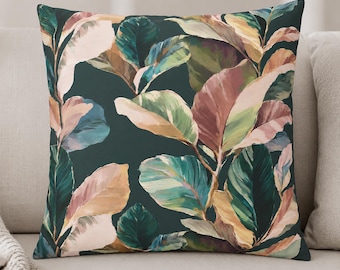 Botanical Leaf Cushion Cover, Teal Tropical Throw Pillow, Moody Dark Academia Decor, Decorative Pillowcase
