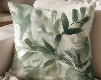 Abstract Botanical Cushion Cover, Sage & Olive Green Throw Pillow, Natural Cottagecore Decor