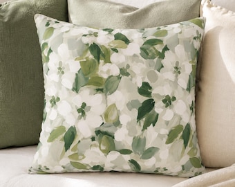 Sage Green Floral Cushion Cover, Botanical Throw Pillow, Green & White Flower Pillowcase, Cottagecore Farmhouse Decor