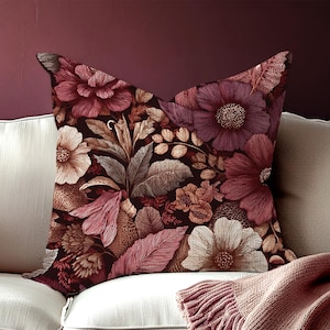 Vintage Floral Rustic Cushion Cover | Burgundy Pink Plum Artisanal Boho Pillow Case | Maximalist Eclectic Folk Style Moody Home Decor