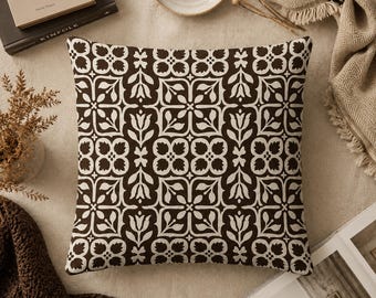 Brown & Cream Block Print Cushion Cover, Vintage Floral Tile Throw Pillowcase, Cottagecore Farmhouse Rustic Home Decor