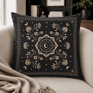 Celestial Floral Cushion Cover, Black Moon & Stars Cushion, Gothic Throw Pillow, Dark Academia Decor