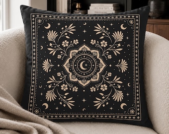 Celestial Floral Cushion Cover, Black Moon & Stars Cushion, Gothic Throw Pillow, Dark Academia Decor