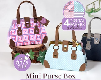 Mini Purse Favor Kit SVG for Cricut | Girls Birthday Party Favor, Lip Balm Candy Gift Box with 4 Digital Papers