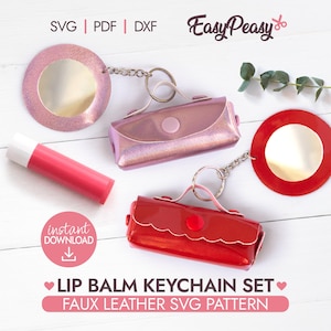 May include: A set of lip balm keychain designs in pink and red, with a lip balm tube and a round mirror keychain. The image includes the text "LIP BALM KEYCHAIN SET" and "FAUX LEATHER SVG PATTERN".