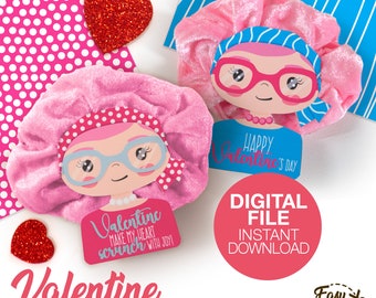 DIY Valentine’s Day Printable Scrunchie Holder (Pink Scrunchie) - Valentine’s Cards - Kids Valentines - Template pdf | INSTANT DOWNLOAD