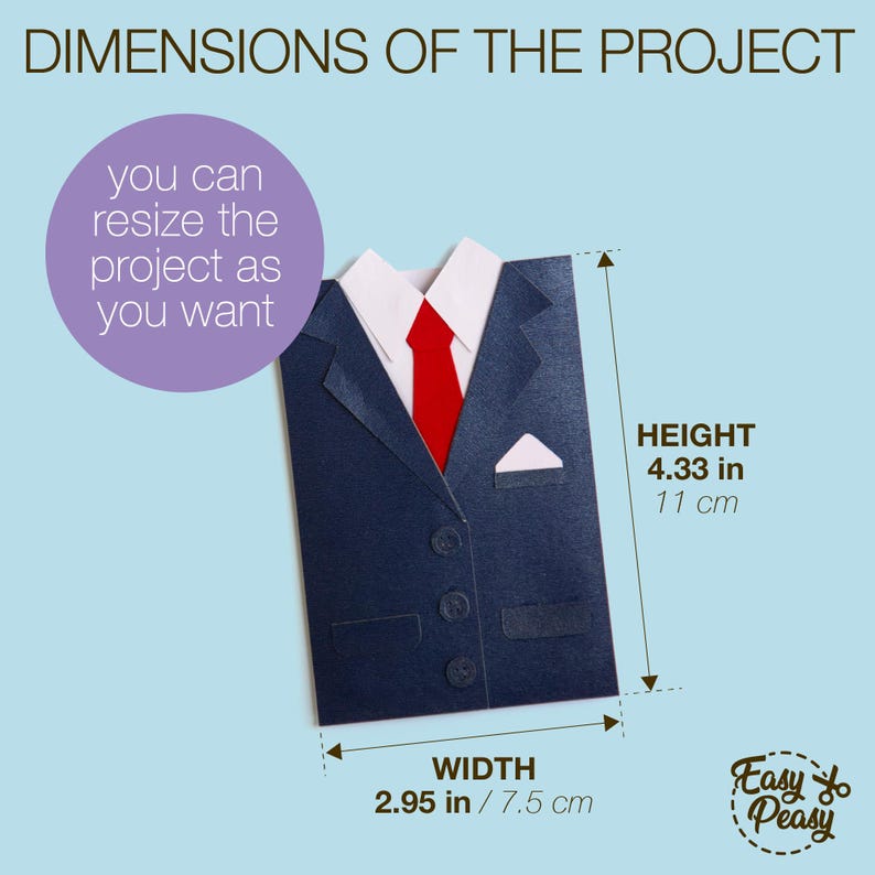 Father’s Day gift card holders shaped like men’s clothing, including a suit, a shirt with suspenders and tie, and a sweater with bow tie, shown with labels for digital cutting file formats SVG, DXF, PNG, PDF