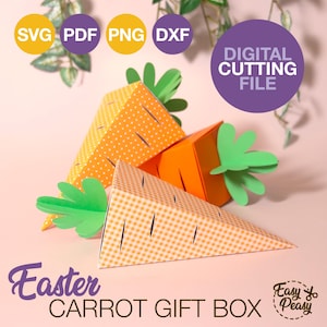 Modello di scatola regalo di carote di Pasqua fai da te SVG Modello di scatola di bomboniere di carta per la caccia alle uova di Pasqua per bambini Modello di scatola di carta porta caramelle Cestino di dolcetti di Pasqua