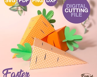 Caja de regalo de zanahoria de Pascua DIY SVG Plantilla de caja de regalo de papel para búsqueda de huevos de Pascua para niños Plantilla de caja de papel para dulces Cesta de golosinas de Pascua