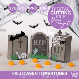 Puede incluir: Una plantilla de caja de papel con temática de Halloween con tres diseños de lápidas, cada una con texto "RIP", murciélagos, una telaraña y un fantasma. La imagen incluye decoraciones de calabazas naranjas y el texto "Halloween Tombstones Paper Box Template".