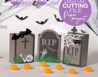 Tombstone Halloween Candy Box SVG Pattern – Spooky Treat Box Template for Cricut, Graveyard Party Favor Box, DIY Paper Craft Cutting File