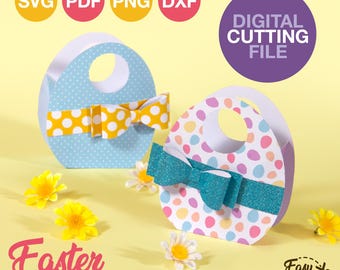 Plantilla de caja de papel para guardar dulces de Pascua (archivo SVG) para la búsqueda de huevos de Pascua para niños. Plantilla de caja de papel para guardar dulces. Canasta de dulces de Pascua.