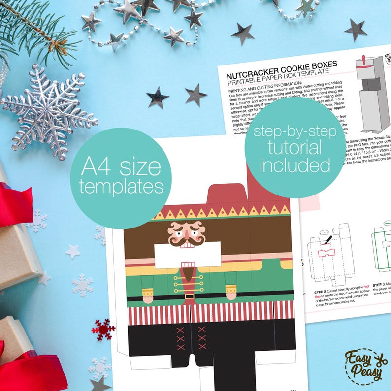 May include: A printable Nutcracker cookie box template with step-by-step instructions. The design features a colorful Nutcracker soldier with a mustache, green jacket, and black pants. The template is A4 size.