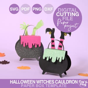 May include: A Halloween-themed paper box template featuring two black cauldrons with glitter accents. One cauldron has green witch hands, the other has witch legs. The design includes the text "DIGITAL CUTTING FILE Paper project".