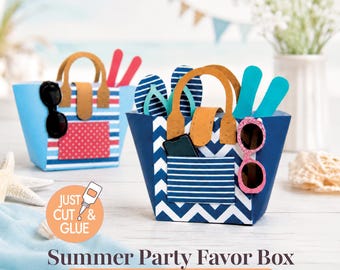 Beach Bag Gift Box SVG, Summer Party Favor Box Template for Girl Birthday, Pool Party Favor SVG for Cricut, Beach Birthday Treat Box