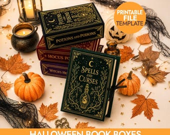 Scatola per dolcetti a forma di libro di incantesimi di Halloween stampabile, modello per bomboniere, scatola per dolcetti a forma di libro di pozioni, festa in classe, PDF PNG, stampa e ritaglia, download digitale