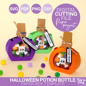 May include: Three colorful Halloween potion bottle paper box templates. The bottles are purple, green, and orange, each with a skull and crossbones design. The bottles have labels that read "Ghost Essence", "Poison", and "Spider Venom". The image also includes the text "Halloween Potion Bottle Paper Box Template".