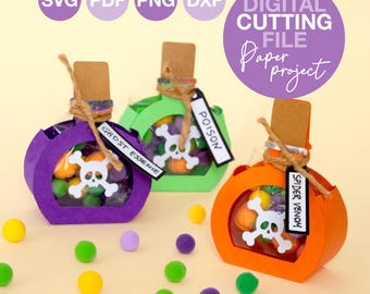 Caja de regalo SVG con forma de botella de poción de Halloween para hacer tú mismo, plantilla de caja de regalo de dulces de Halloween, caja de regalo de truco o trato espeluznante para niños