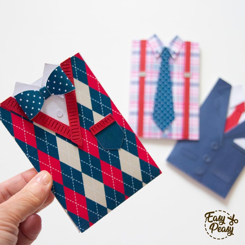 Father’s Day gift card holders shaped like men’s clothing, including a suit, a shirt with suspenders and tie, and a sweater with bow tie, shown with labels for digital cutting file formats SVG, DXF, PNG, PDF