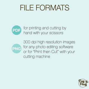 May include: A light blue graphic with the text "FILE FORMATS" in brown. Below, it lists PDF and PNG file formats with descriptions. The PDF is for printing and cutting by hand. The PNG is for photo editing or "Print then Cut".