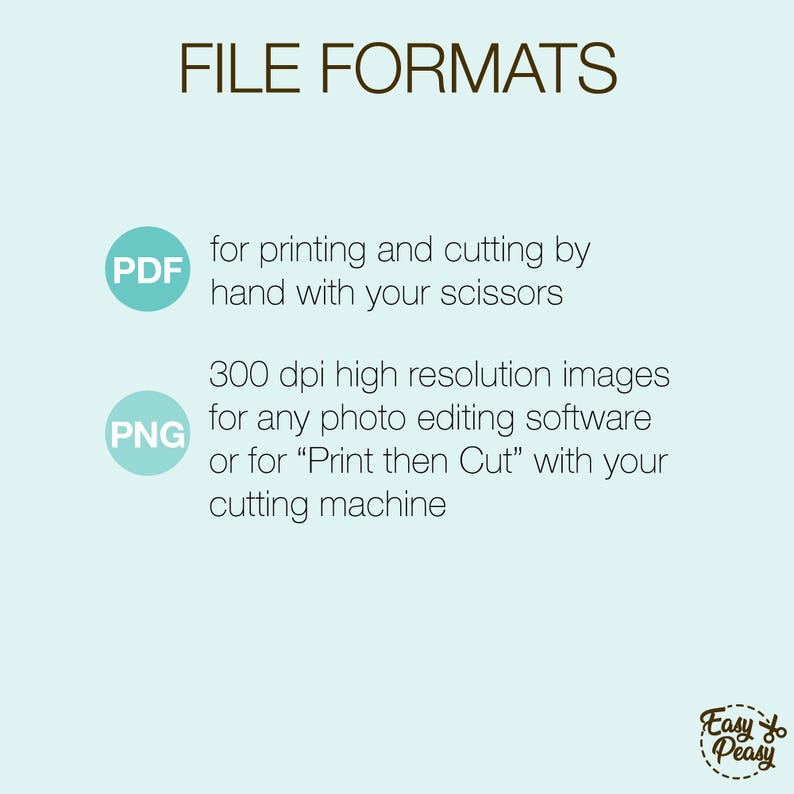 May include: A light blue graphic with the text "FILE FORMATS" in brown. Below, it lists PDF and PNG file formats with descriptions. The PDF is for printing and cutting by hand. The PNG is for photo editing or "Print then Cut".
