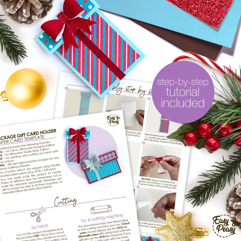 Gift card holder shaped like a wrapped present; digital cutting files SVG, PDF, PNG, DXF; paper project with bow; fits standard gift cards; ideal for Christmas or birthday; for Cricut and Silhouette; 300 DPI; includes tutorial and commercial license