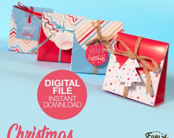 Plantillas imprimibles para bolsas de regalo de Navidad - Juego de 4 cajas de dulces de colores - Plantillas de cajas de regalo (PDF/Descarga instantánea)