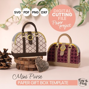 Puede incluir: Dos plantillas de monederos de papel, una con un patrón geométrico blanco y marrón, la otra con un patrón geométrico burdeos y marrón. Ambas tienen detalles y asas doradas. Incluye el texto "Mini Purse" y "Paper Gift Box Template".
